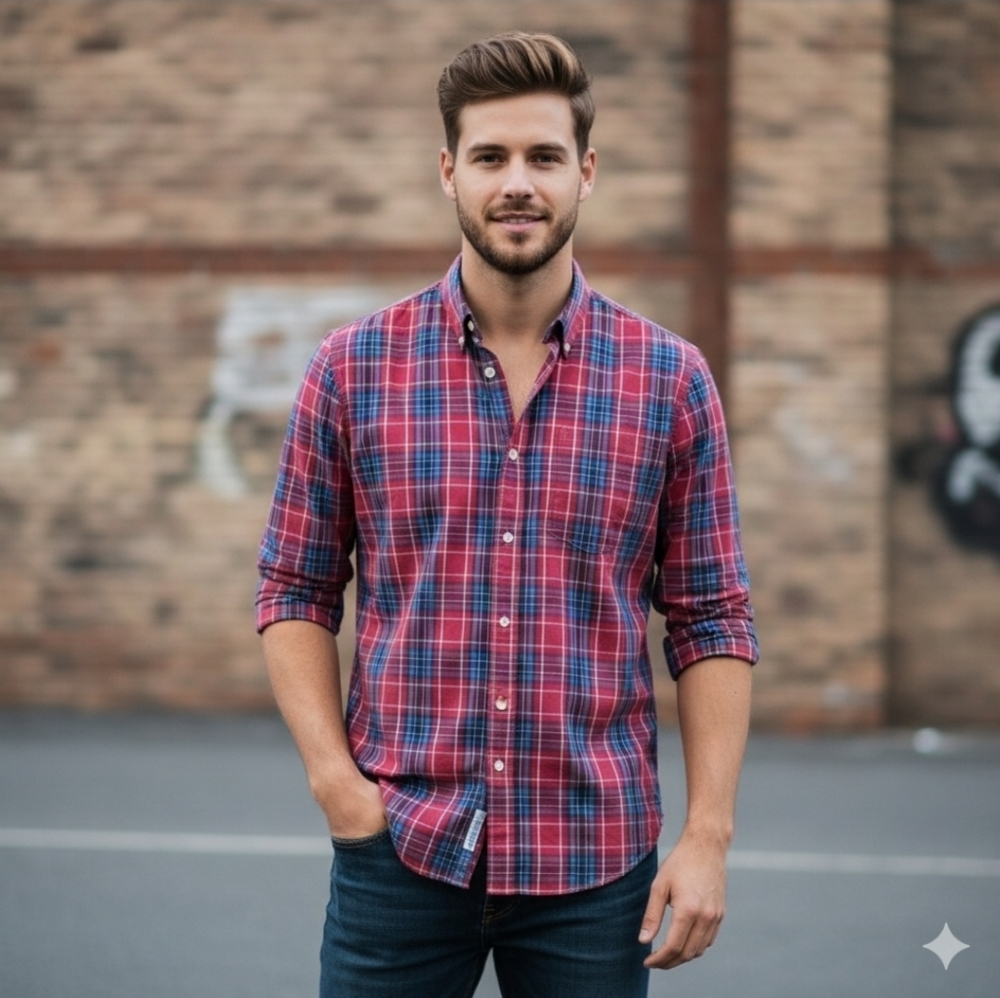 H&M L.O.G.G Button Down Shirt Men's S Red Gray Plaid Long Sleeve Cotton NEW